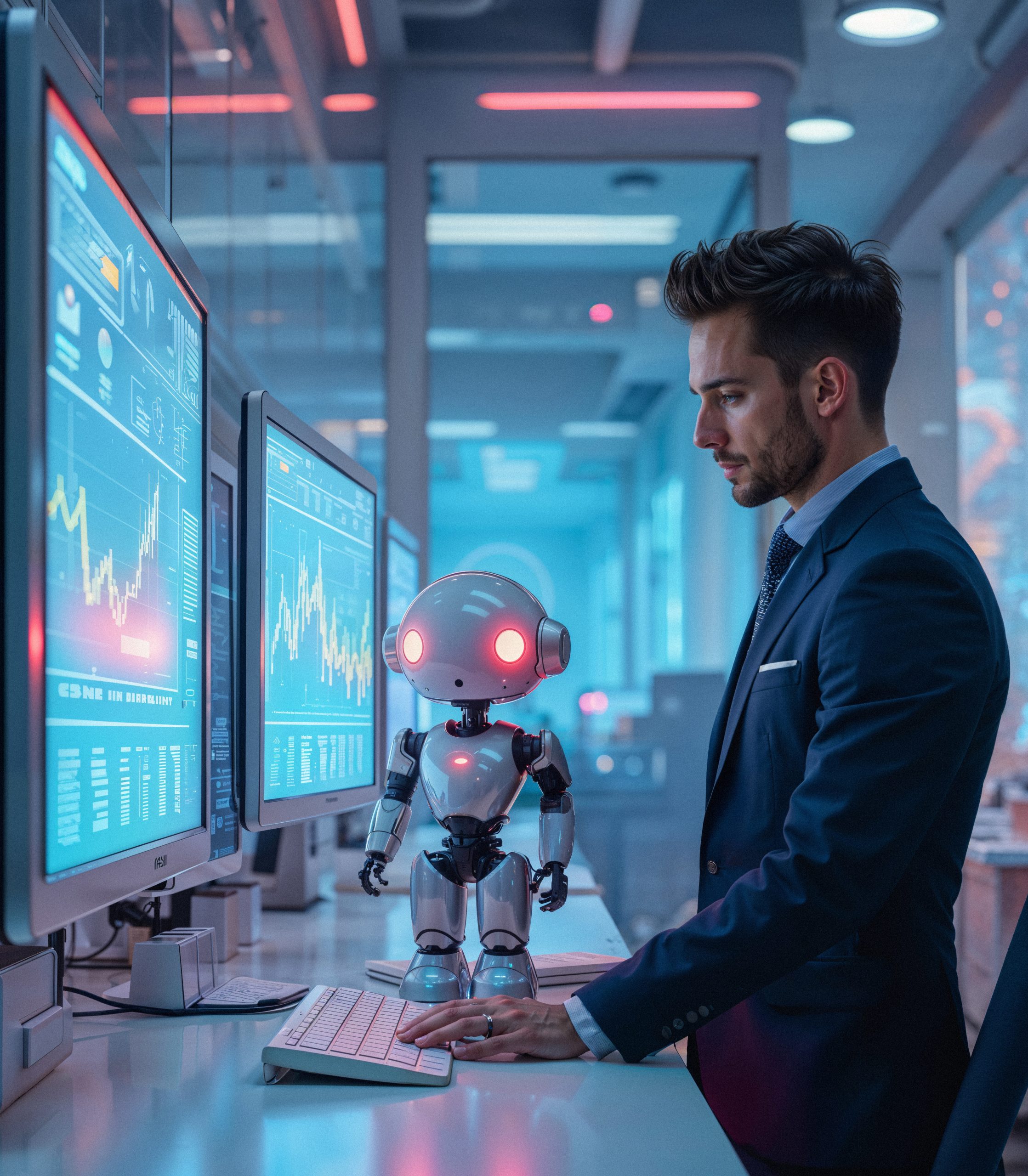 man-robot-working-computer-futuristic-office-scaled